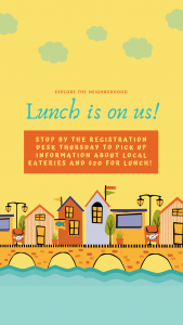 flyer re picking up money ($20) and local eatery information for Thursday lunch from Registration Desk